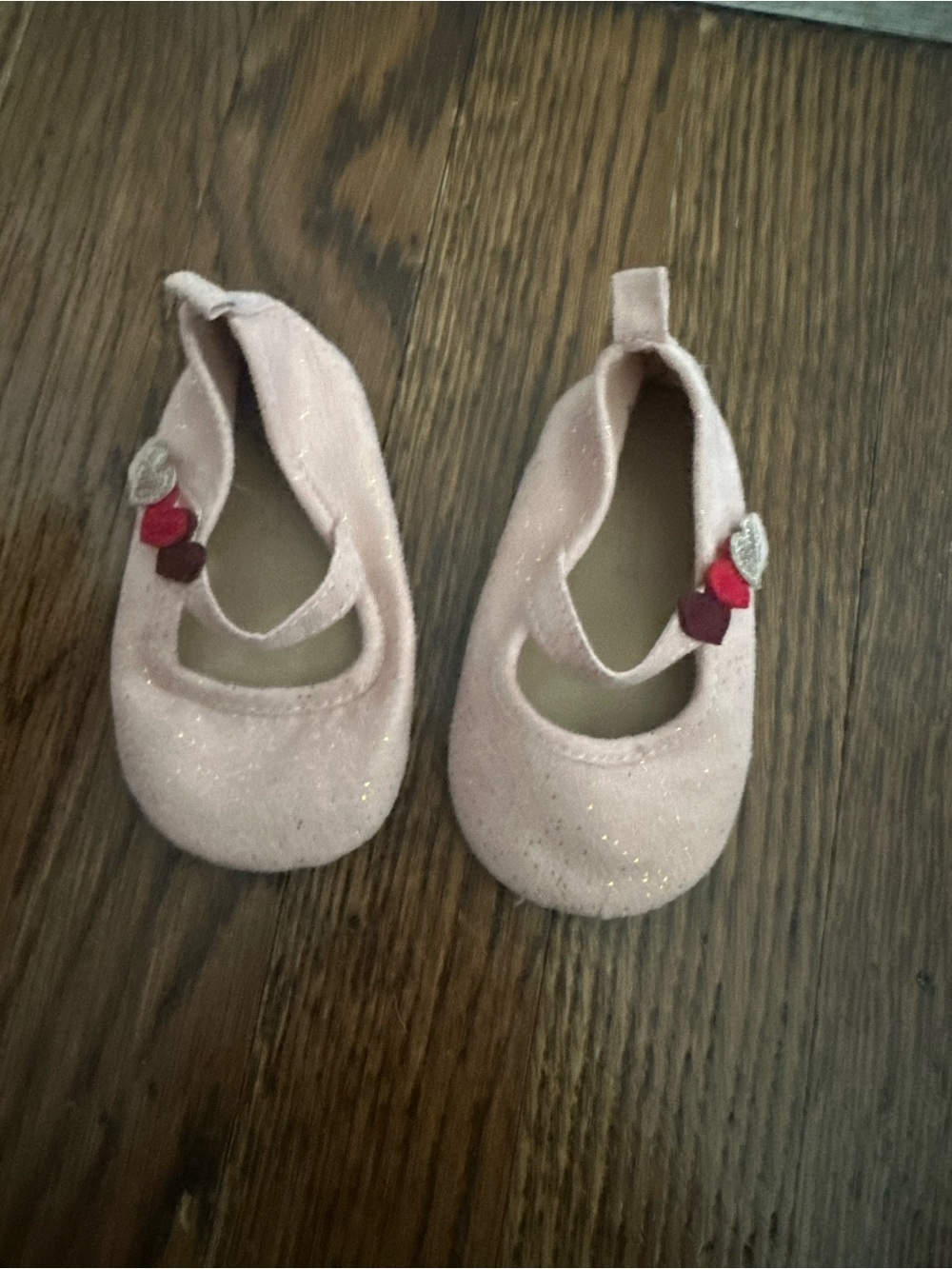 Old Navy Light Pink Glitter Mary Jane Baby Shoes with Heart Accents